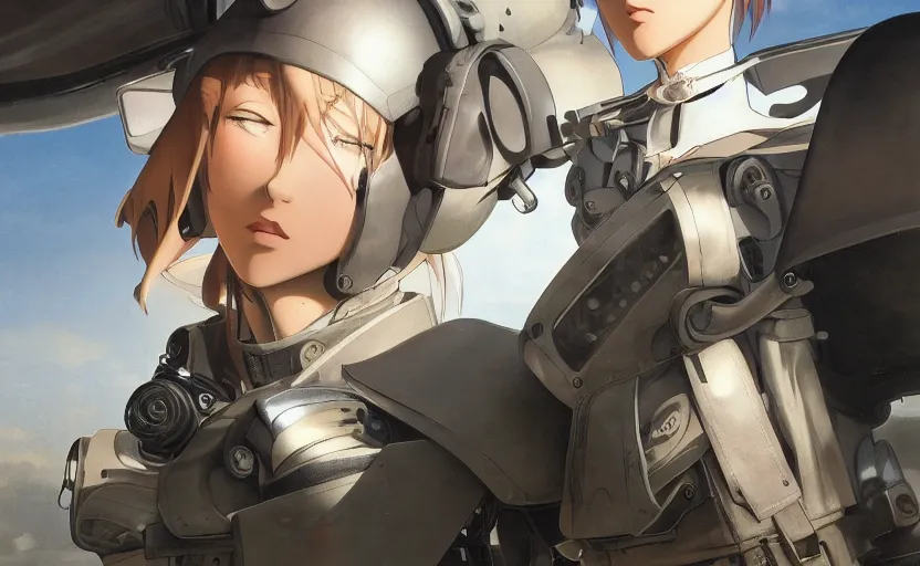 Prompt: pilot girl, cyborg aircraft parts, anime style, vintage pilot clothing, shoulder eyes, last exile anime, hair down, symmetrical facial features, from arknights, hyper realistic, 4 k, rule of thirds, extreme detail, detailed drawing, trending artstation, realistic lighting, by alphonse mucha, greg rutkowski, military airport in bg