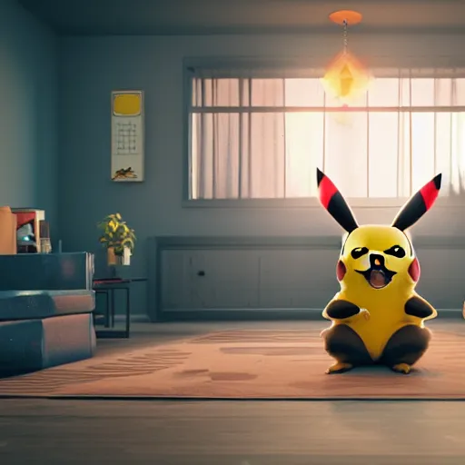 Prompt: Pikachu taking a bong rip while sitting on the couch, unreal engine 5, octane render, cgsociety, living room interior, soft lighting, ray tracing