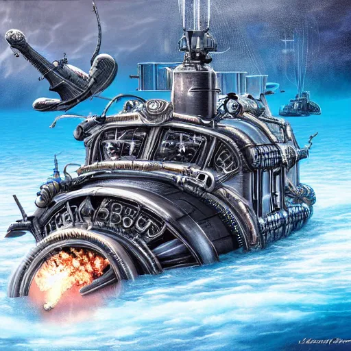 Prompt: barotrauma submarine being attacked by crawlers under the europa ice, hyper realism, ornate intricate details, high detail, steampunk, 4K, deep aesthetic, rich colors, variations,