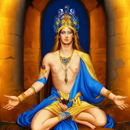 Prompt: man worshipping seductive divine goddess with bright blue eyes and golden robe in a dark cave, vibrant color scheme, intricately detailed, in the style of realism, cinematic, artstation,