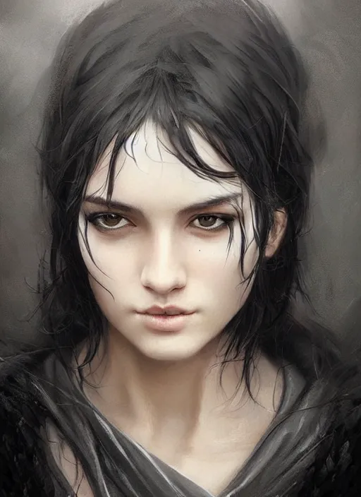 Image similar to a teenage girl with very short black hair and a huge cloak made of grey and black raven feathers. mist swirls around her. beautiful highly detailed face. beautiful painting by artgerm and greg rutkowski and raymond swanland