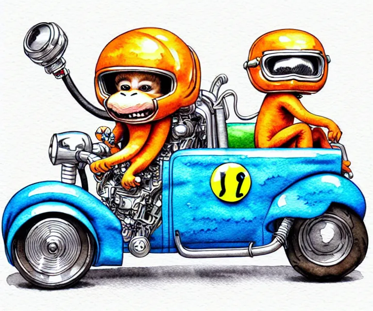 Image similar to cute and funny, monkey : : wearing a helmet : : riding in a tiny hot rod with oversized engine, ratfink style by ed roth, centered award winning watercolor pen illustration, isometric illustration by chihiro iwasaki, edited by range murata, tiny details by artgerm, symmetrically isometrically centered