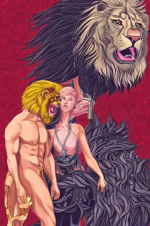 Image similar to hyperreality illustrator from karah mew in collaboration with jennifer mccord and tetsuya nomura, depicting hercules against the cremean lion, this image is very detailed and also very aesthetic, winning an award as the best pop art illustration of this century.