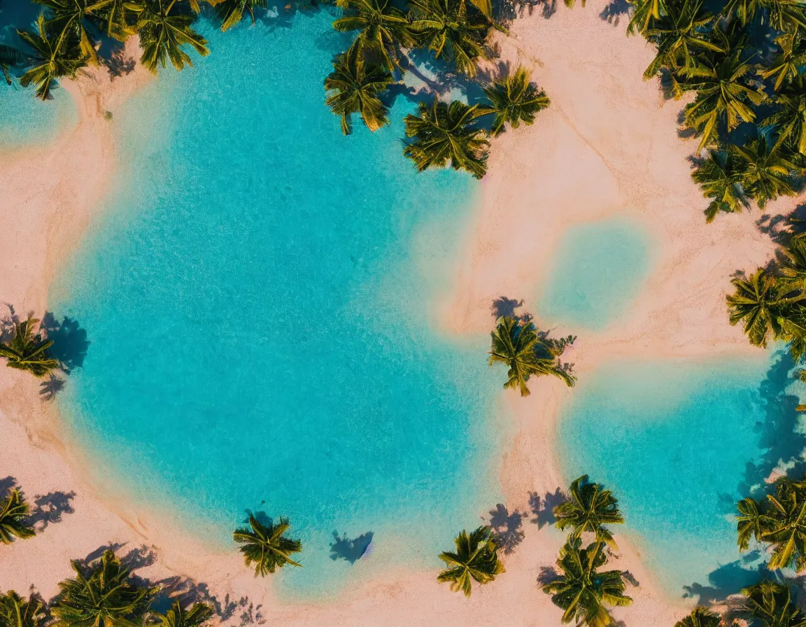 Prompt: photo of ultra realistic heart / shaped sandy beach fantasy island flying in the air with one exotic palm tree, sunset lighting