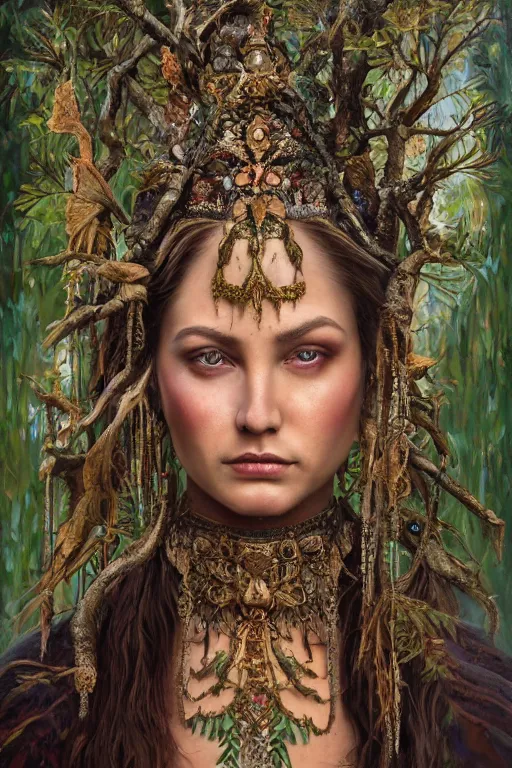 Prompt: oil painting of beautiful fantasy female warrior in the forest, symmetrical face, beautiful face, intricate jewellery, filigree armour, ethnic tattoos, big earrings, shining eyes, crystals, covered in plants, mystical trees, realistic oil painting, baroque, renaissance painting, dramatic, cinematic light, trending on artstation, rule of thirds, highly detailed, 8 k