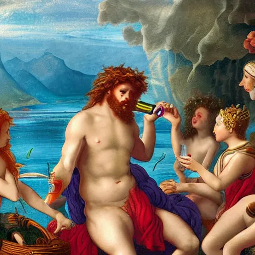 Prompt: poseidon drinking wine with the nymphs, digital art, detailed, ancient greek mythology