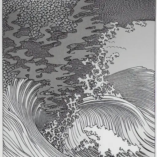 Image similar to ocean swells by Moebius, black and white, fine lines, hyper detailed, hokusai