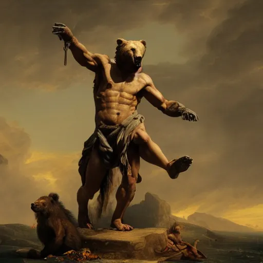 Prompt: gaius julius caesar fighting bear, epic painting, digital art, octane render, wlop, jacques louis david, 1 8 1 9