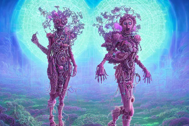 Image similar to a vaporwave biomechanical druid of creativity, beautiful character fashion design, by josan gonzalez and paul lehr and david heskin and seb mckinnon and jared s. merantz and alex grey, hi - fructose, 8 k, digital matte painting