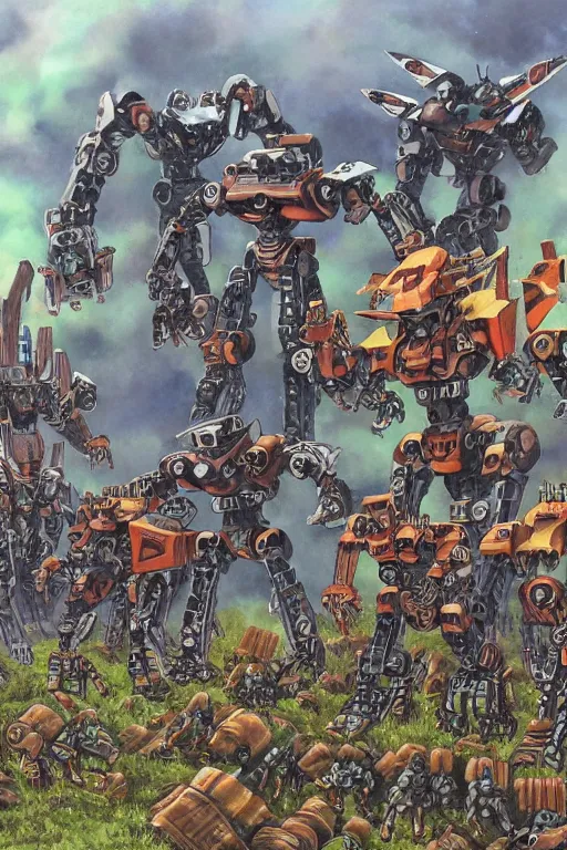 Image similar to inorganic battle robot army, art by frank hampson and shawn mcmanus, trending on artstation, photorealistic, watercolor painting, manga