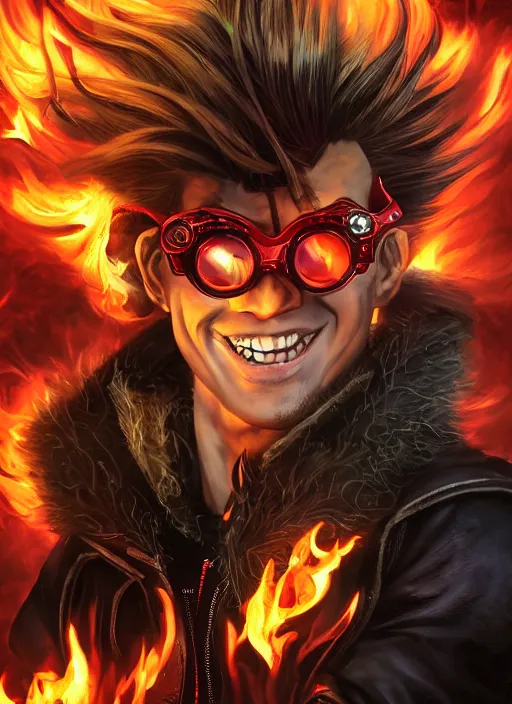 Image similar to An epic fantasy comic book style portrait painting of young man with red spiked long hair, using an orange lens googles. Wearing white shirt, a black waistcoat, brown pants and black boots. He is throwing a wild fire blast from his hands, with a vicious smile in face. Unreal 5, DAZ, hyperrealistic, octane render, cosplay, RPG portrait, dynamic lighting