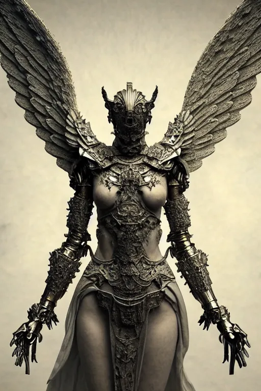Prompt: angel warrior, intricate armor and wings, young, beautiful, woman, full - body, realistic portrait, ethereal, soft clean focus, art by emil melmoth, gustave dore, craig mullins, yoji shinkawa, art germ, pete morbacher, david lynch, hyper detailed, high detail, artstation, hyperrealistic, unreal engine 5, ravens