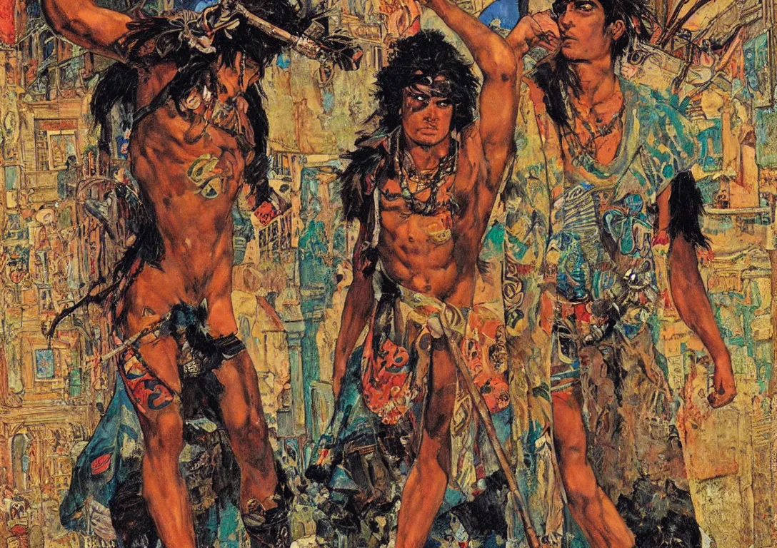 Prompt: a punk polynesian greek god searching through the streets of an abandoned city, sparse detail, complementary color scheme, by george luks, mati klarwein and moebius