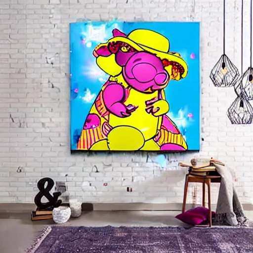 Image similar to lisa frank dashing pig wearing a simple gold throwing a football in the style of peter max