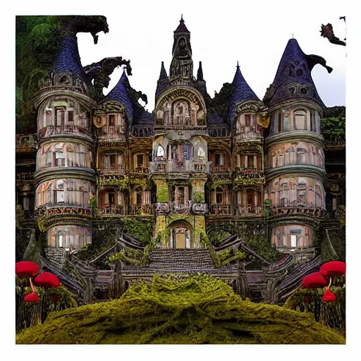 Prompt: “Moulded transilvanian castle in a valley of psychedelic mushrooms, Photography, Shot on 70mm, Super-Resolution Microscopy, Exposure, Megapixel, Evil, Nano, Moss, Tremella-Fuciformis, Ray Tracing Reflections, Ray Traced, insanely detailed and intricate, hypermaximalist, elegant, ornate, hyper realistic, super detailed”