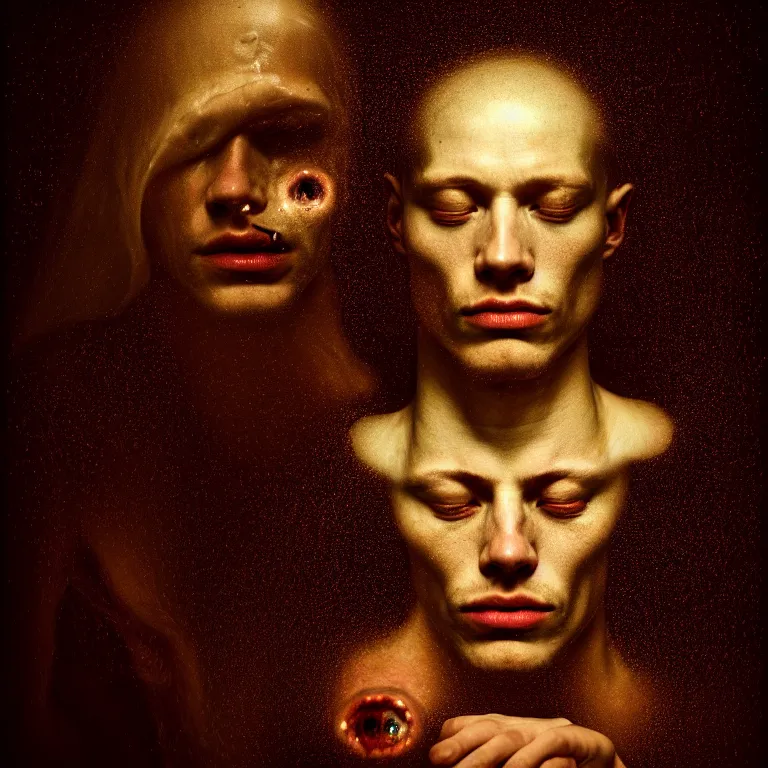 Prompt: beautiful portrait of beautiful man covered with hundred eyes inside holes, embryos, by hieronymus bosch, lucid dream - like heavy atmosphere, baroque painting, perfect composition, detailed octane render trending on artstation, 8 k artistic photography, volumetric cinematic perfect light, chiaroscuro, masterpiece, raphael, caravaggio, beksinski, rutkowski