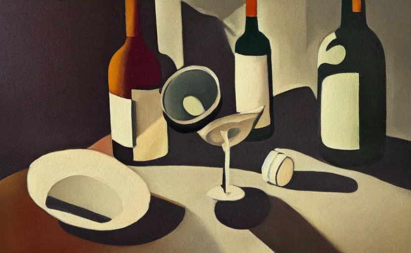 Prompt: an oil painting on paper of a still life, with a white mug, white wine bottle, wine glass, on a table, in the style of john craxton, similar aesthetics to picasso.