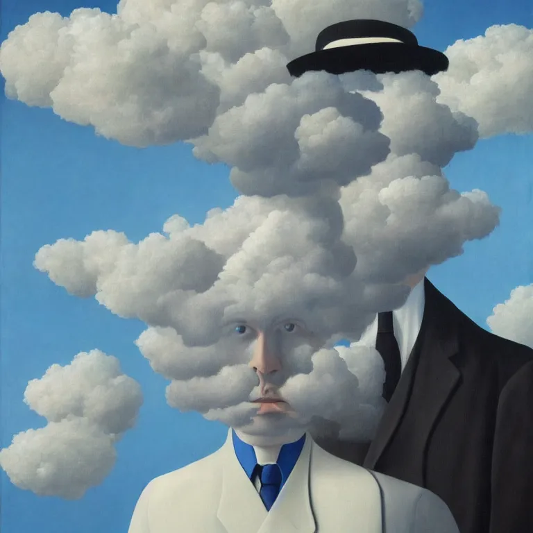 Image similar to cloud - man, by rene magritte, centered, detailed painting, hd, hq, high resolution, high detail, 4 k, 8 k