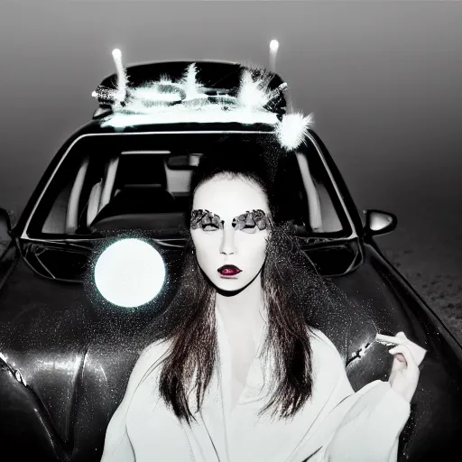 Image similar to medium format photograph with camera flash of a surreal fashion shoot on the hood of a car at night