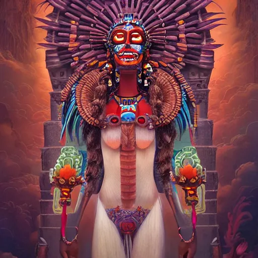 Image similar to breathtaking detailed concept art painting of the aztec goddness Mictlantecuhtli, god of Mictlan, underworld in the background, by Hsiao-Ron Cheng, James jean, Miho Hirano, Hayao Miyazaki, extremely moody lighting, 8K