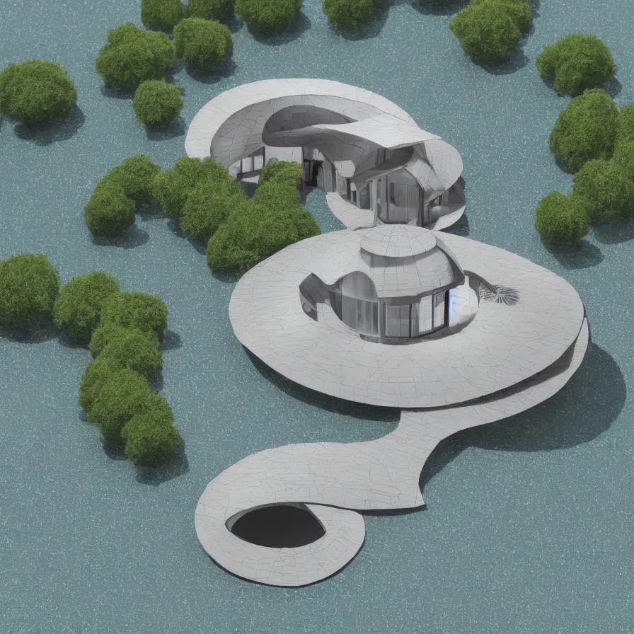 Prompt: architectural model, isometric view, 3 d render, studio lighting, low contrast, dark background, highly detailed, a circular house with circular courtyards floating on water at the edge of a lake, tree