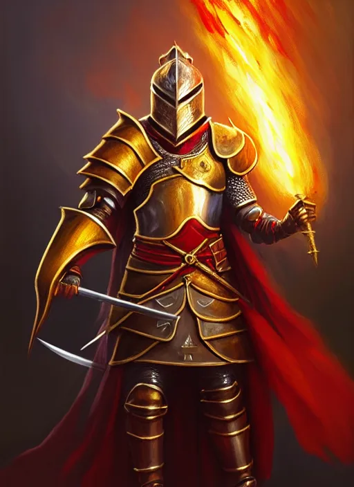 Image similar to a _ fantasy _ style _ portrait _ painting _ of knight with red plume, gold sword and big shield, fire background, firey environment, oil _ painting _ unreal _ 5 _ daz. _ rpg _ portrait _ extremely _ detailed _ artgerm _ greg _ rutkowski _ greg