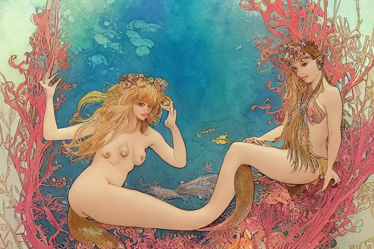 Prompt: a beautiful intricate watercolor illustration of goldie hawn as a mermaid in a coral reef, tropical fish and coral, 4 k, ultra - wide angle, by william turner, by victo ngai, by alphonse mucha, by miho hirano, by moebius, hd, trending on artstation, hyper detailed, muted intense colors