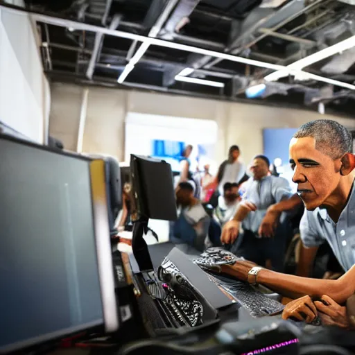 Image similar to Obama at a LAN party, 8k, by Annie Leibovitz