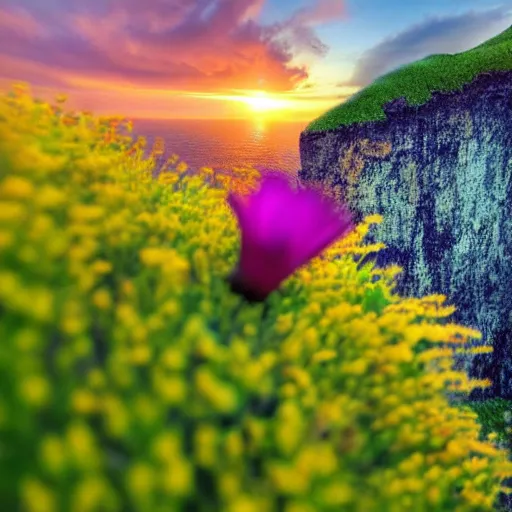 Image similar to flower on the edge of a cliff, cliff edge, colorful flower, sunset, beautiful colors, color palette, concept art, high detail, dramatic angle