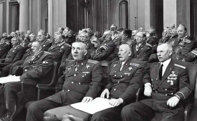 Image similar to 50s movie still full-lenght portrait of soviet generals sit at the parlement, by Alexei Guerman , Cinestill 800t 35mm black and white, heavy grainy picture, very detailed, high quality, 4k, HD criterion, precise texture