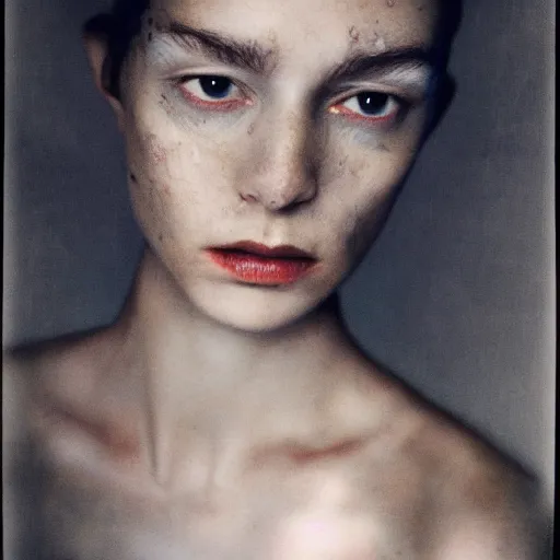 Image similar to a photo portrait of a mysterious eerie shimmering woman in an uncertain world, overtaken by sadness, cinematic, by paolo roversi,