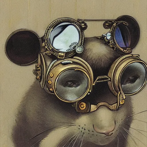 Image similar to a rat with steampunk googles, by Alfons Maria Mucha