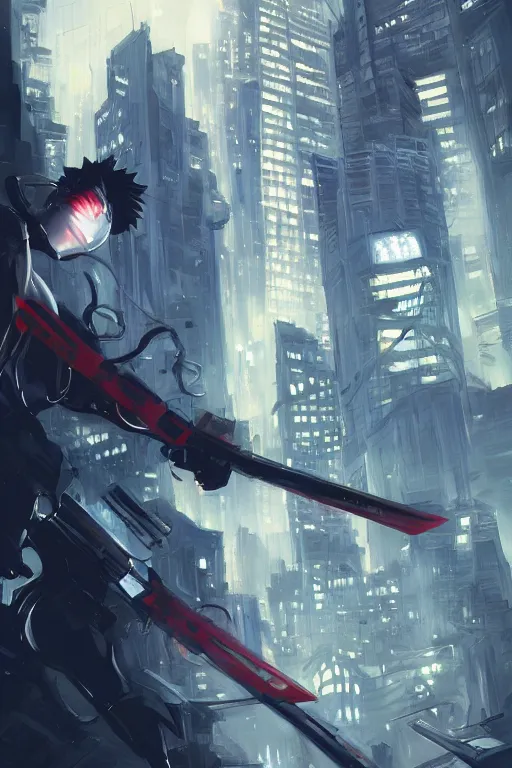 Image similar to portrait of ninja slayer, japan, night city, highly detailed, digital painting, trending on artstation, concept art, sharp focus, illustration, art by artgerm and greg rutkowski and magali villeneuve