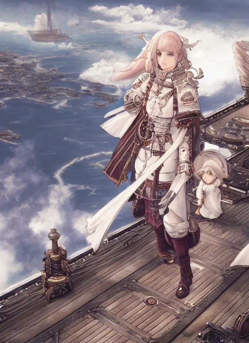 Image similar to character portrait of the white herald on the deck of an imperial airship in the sky, hidari, color page, tankoban, 4K, tone mapping, Akihiko Yoshida.