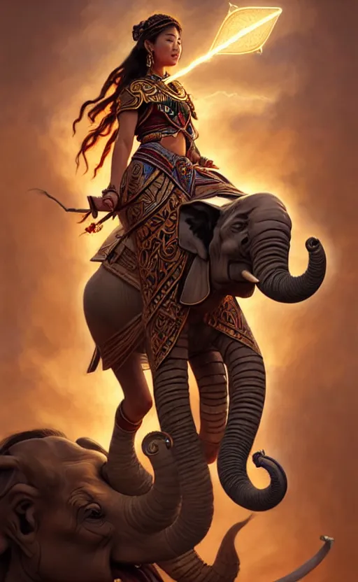 Prompt: magic tribal ethnic asian female, riding a war elephant, contrast lightning, deep focus, d & d, fantasy, intricate, elegant, highly detailed, digital painting, artstation, concept art, matte, sharp focus, illustration, hearthstone, art by artgerm and greg rutkowski and alphonse mucha