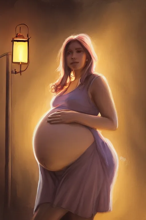 Prompt: pregnant woman under street light by Mandy Jurgens