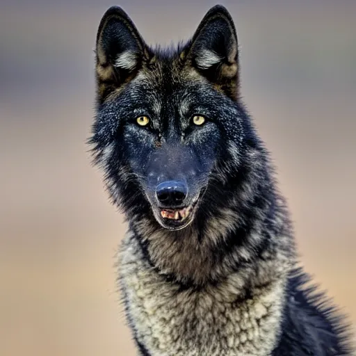 Image similar to black wolf in an australian desert, gold colored eyes, 2 0 0 mm f / 2. 8 photograph