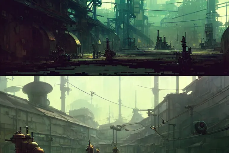 Image similar to dieselpunk, lots of pipes, monitors, machines, painted by greg rutkowski makoto shinkai takashi takeuchi studio ghibli, akihiko yoshida