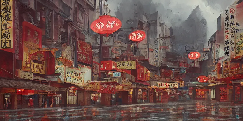 Image similar to an old cinema at a quiet petaling street in chinatown, kuala lumpur, rainy day, matte painting, studio ghibli, artstation