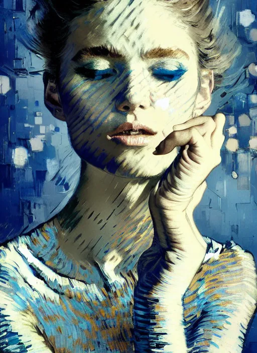 Prompt: portrait of beautiful girl, ecstatic, dancing, eyes closed, shades of blue and grey, new yotk backdrop, beautiful face, rule of thirds, intricate outfit, spotlight, by greg rutkowski, by jeremy mann, by francoise nielly, by van gogh, digital painting