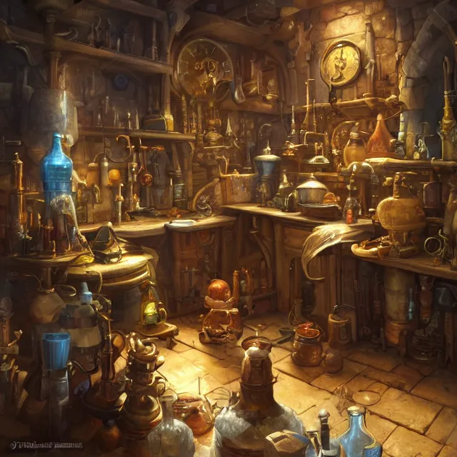 Image similar to a digital painting of a cluttered fantasy medieval alchemist's laboratory by justin gerard, paul bonner, highly detailed, volumetric lighting, digital art, artstation hd