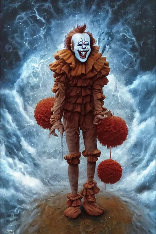 Image similar to pennywise the dancing clown arriving on earth from space. art by tomasz alen kopera and glenn fabry.