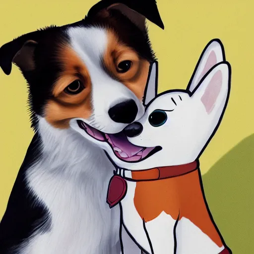 Prompt: 4 k, detailed portrait of tulip ( infinity train ) holding a corgi