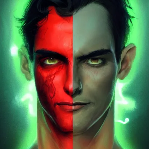 Prompt: portrait of a skinny dark haired young man with a scar across his left eye wearing a red suit as an epic idea, high detail, concept art, neon color, vivid color, floating particles, glowing green eyes, spiral smoke, background by john harris + roger dean, artwork by charlie bowater + artgerm + anato finnstark