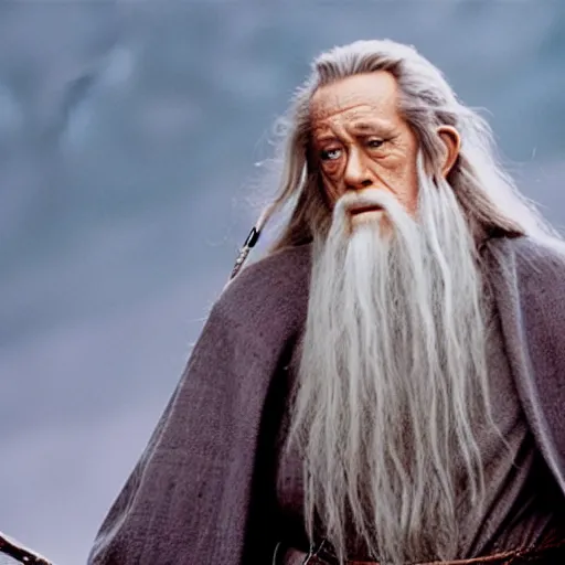 Image similar to A Still of Patrick McGoohan as Gandalf in The Lord of the Rings (2001), full-figure