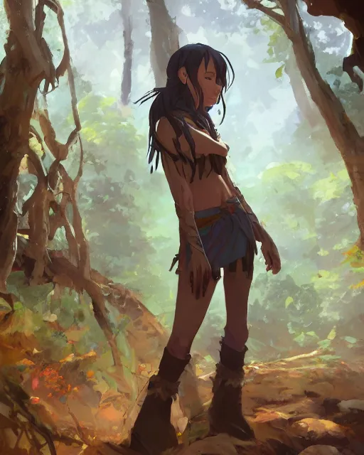 Image similar to a caucasian tribeswoman standing in the woods. By Makoto Shinkai, Stanley Artgerm Lau, WLOP, Rossdraws, James Jean, Andrei Riabovitchev, Marc Simonetti, krenz cushart, Sakimichan, D&D trending on ArtStation, digital art.