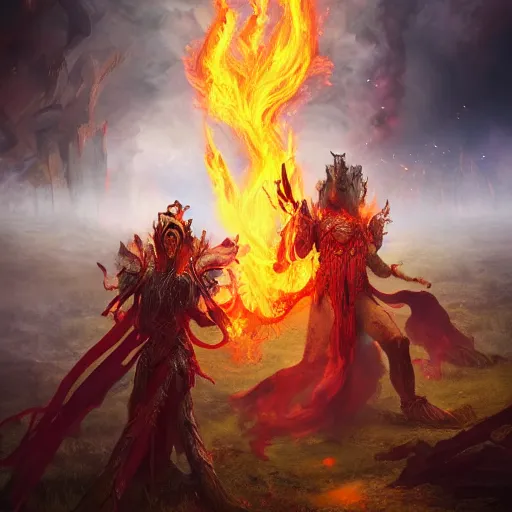 Prompt: three gods emerging from the ashes of a battleground in flames, digital art, high resolution, trending on artstation, Tyson Murphy, Mike Azevedo W- 1024