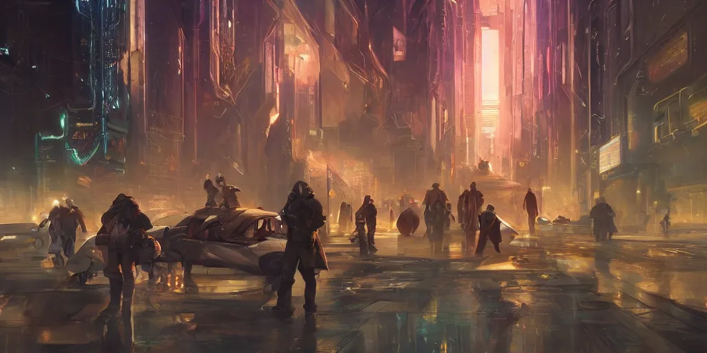 Image similar to an epic painting of the team of group of time travelers, oil on canvas, cold colors, perfect composition, golden ratio, beautiful detailed, photorealistic, digital painting, artstation, concept art, smooth, sharp focus, illustration, cyberpunk background, artstation trending, octane render, unreal engine