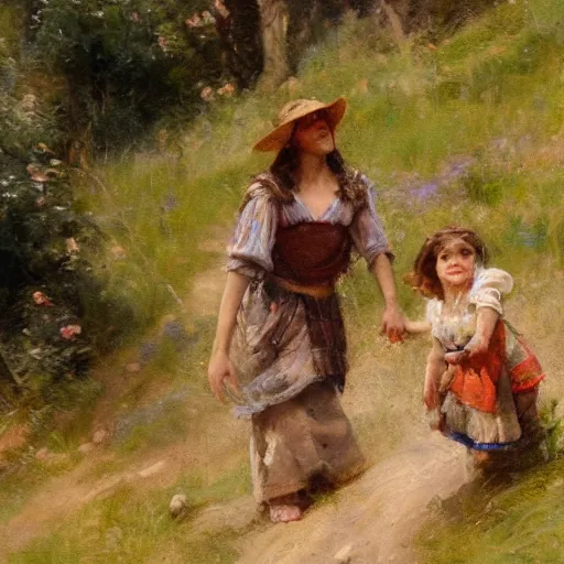 Image similar to close up of jack and jill going up the hill to fetch a pale of water, cinematographic shot, by daniel f. gerhartz