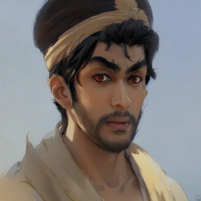 Image similar to handsome indian anime character, medium close up portrait, elegant, digital painting, artstation, concept art, smooth, sharp focus, illustration, art by konstantin korovin and daniel f. gerhartz and john howe